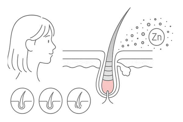 女性の薄毛と亜鉛｜毛包断面で見るケラチン合成とヘアサイクル