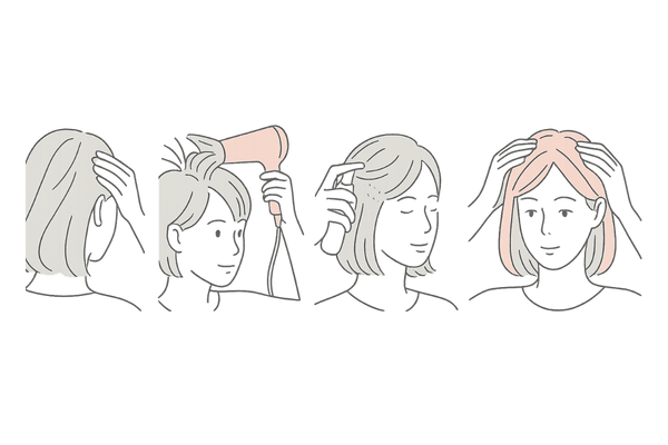 つむじハゲを自然に隠すヘアアレンジ｜分け目変更・逆方向ドライ・パウダー・部分ウィッグ