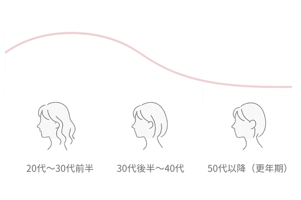 年代別の女性ホルモン変動と髪への影響|20代〜50代の推移イメージ(更年期を含む)