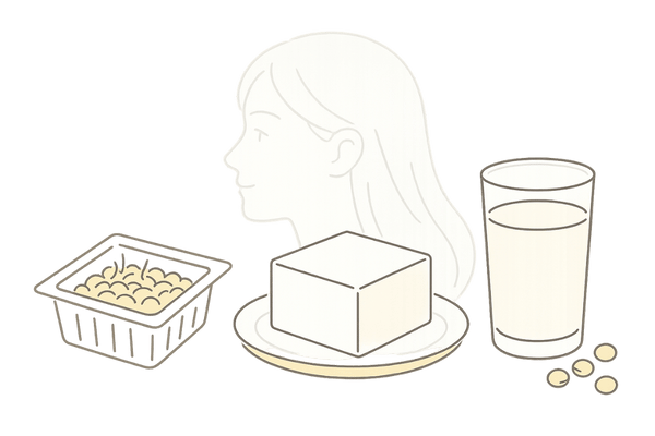 大豆イソフラボン食品（納豆・豆腐・豆乳）と女性の髪の健康イメージ