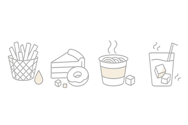 薄毛を招きやすい食習慣：高脂肪・高糖質・加工食品・冷たい飲食物の抽象イラスト