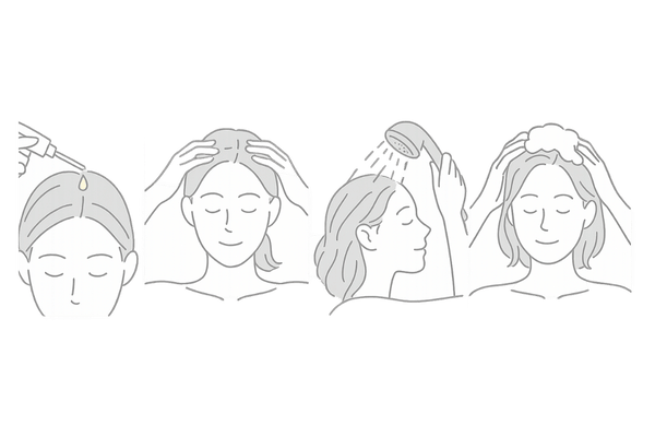 頭皮クレンジングの基本手順(塗布→なじませ→すすぎ→シャンプー)を示す線画イラスト|週1〜2回のスペシャルケア