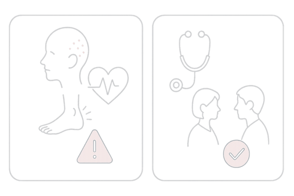 女性の発毛促進薬に伴う副作用と受診の目安図｜注意アイコンと医師相談イメージ