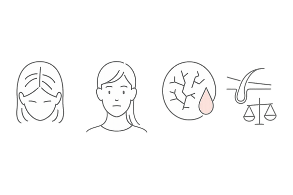 薄毛タイプ別シャンプー選びの図解（FAGA・びまん性・乾燥/かゆみ・脂性/べたつき）
