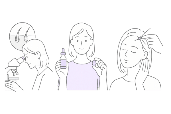 女性の後頭部薄毛治療イメージ|診断・投薬・注入治療の流れを図解