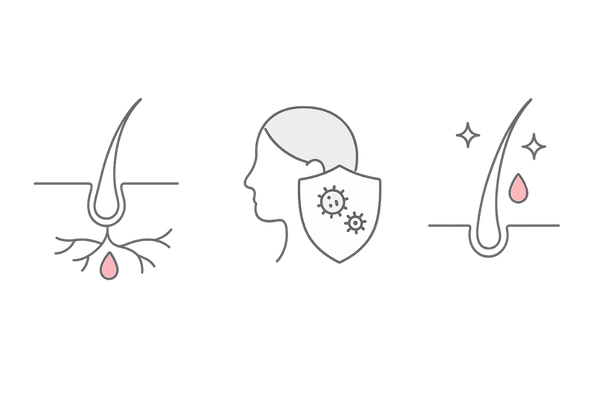 女性用ヘアトニックの有効成分カテゴリ図｜血行促進・抗炎症/殺菌・保湿/補修の3カラム