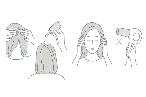 ケトコナゾールローションの正しい塗り方:4ステップ(分け目→線状塗布→指の腹でなじませ→冷風で乾かす)