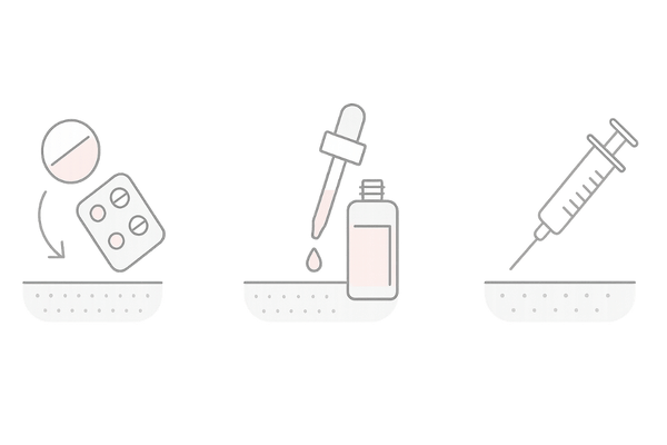 女性薄毛の専門治療オプション|内服薬・外用薬・注入療法の比較イラスト