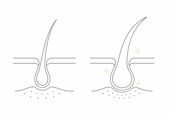 ミノキシジル錠剤の作用メカニズム（毛根断面のBefore/After）｜血流改善と成長期延長