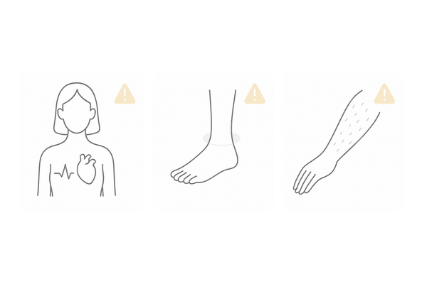 ミノキシジル錠剤の主な副作用と注意サイン（動悸・むくみ・多毛）｜3カラム注意図