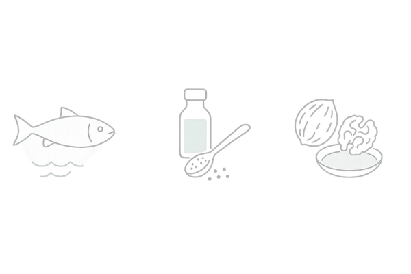 女性の薄毛対策に役立つオメガ3食品源のアイコン（青魚・アマニ・くるみ）