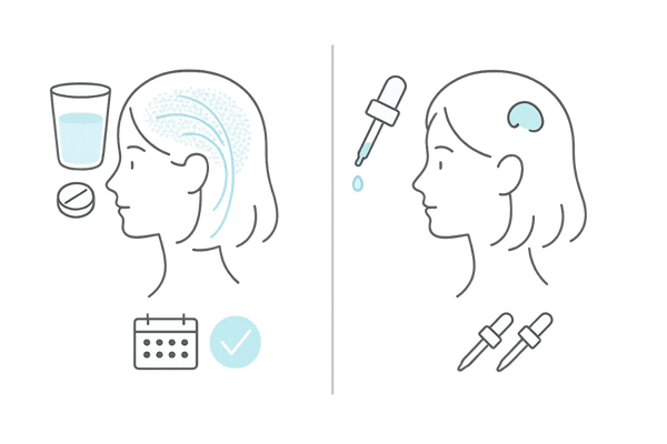 ミノキシジル内服薬と外用薬の違い｜作用範囲と使い勝手の2パネル比較（女性の薄毛治療）