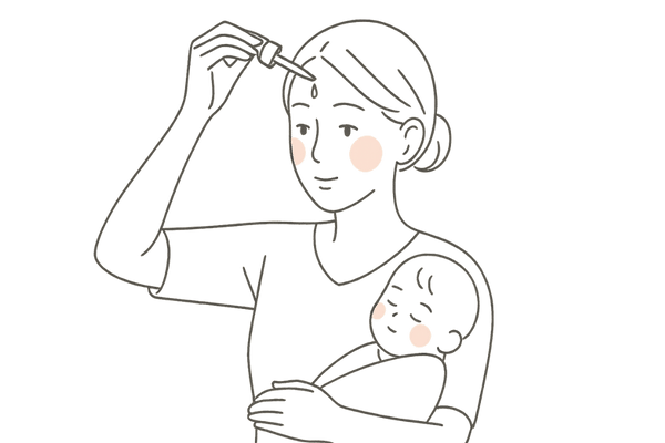 外用薬を頭皮に塗布する産後の母親の線画イラスト