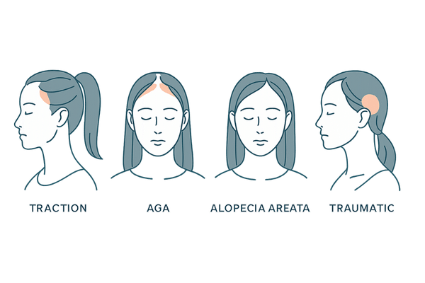 圧迫性・AGA・円形・牽引性脱毛症の比較イラスト