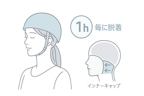 ヘルメット圧迫対策 サイズ調整と休憩時間イメージ