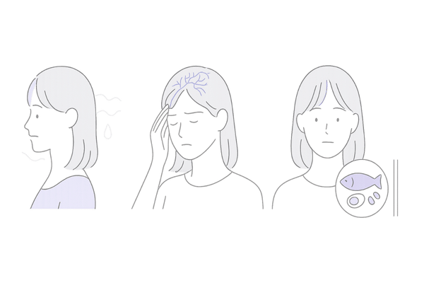 30代女性の前髪が薄くなる主な原因イメージ｜ホルモン変化・ストレス血行不良・栄養不足