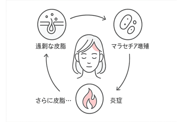 皮脂とマラセチア菌が互いに悪影響を与える循環図