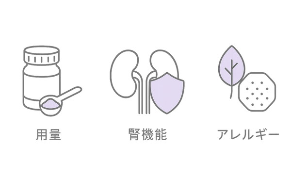 シリカサプリの副作用・注意点イメージ（用量・腎機能・アレルギー）