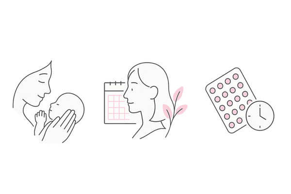 女性のライフステージ別に起こりやすい抜け毛の線画イラスト（産後・更年期・ピルの3カラム）