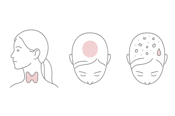 急な抜け毛に隠れる病気のサインを示す線画イラスト（甲状腺・円形脱毛症・脂漏性皮膚炎の3カラム）