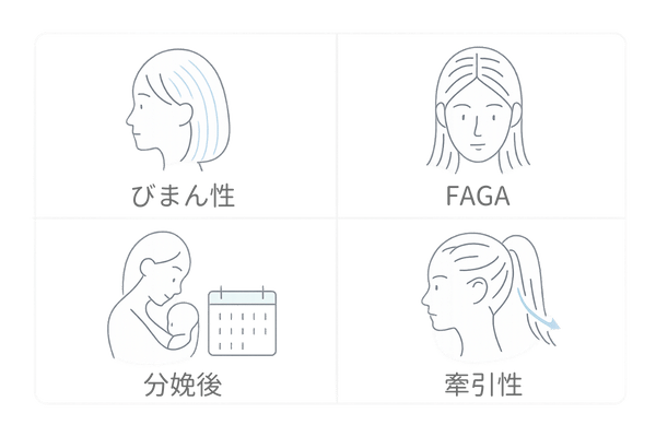 女性の抜け毛の主な原因4タイプ(びまん性・FAGA・分娩後・牽引性)