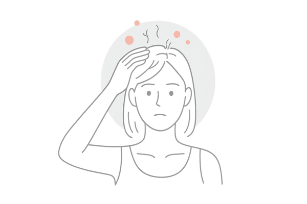 抜け毛を気にする女性と頭皮に付着する白癬菌のイメージイラスト
