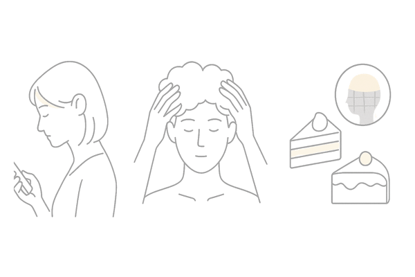 つむじの薄毛リスク|ながらスマホ・洗いすぎ・糖質過多の抽象イラスト