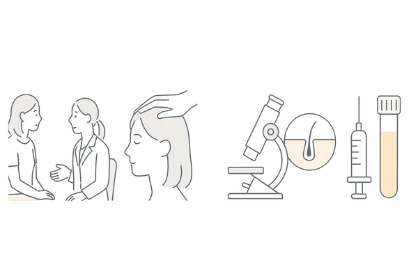 女性薄毛の専門診断フロー|問診・視診・マイクロスコープ・血液検査イラスト