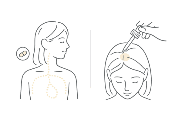 女性の薄毛|飲み薬と塗り薬の違いを図解(内服は全身・外用は局所)