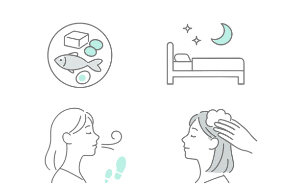 女性の薄毛セルフケア図｜栄養・睡眠・ストレス対策・シャンプー＆マッサージ