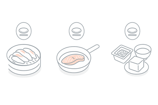 良質なたんぱく質の食材例(鶏むね肉・鮭・納豆)のビジュアルガイド