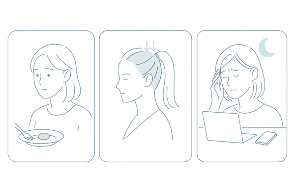 20代女性の薄毛リスク要因イラスト(栄養不足・牽引性脱毛・ストレス)