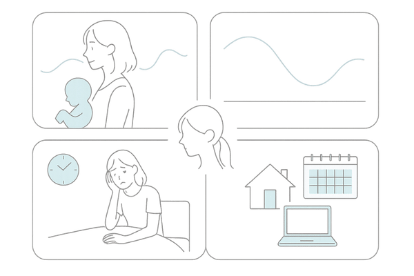 30代女性の薄毛に影響する生活要因図(妊娠出産・睡眠不足・仕事と家庭の両立)