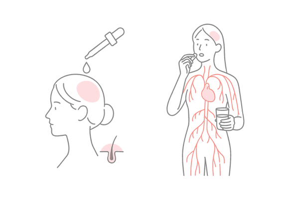 ミノキシジル外用薬と内服薬の違い・作用範囲の比較イラスト(女性向け)