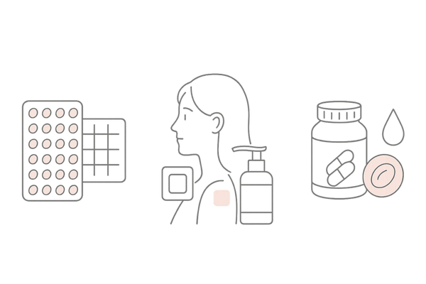 低用量ピル・HRT・鉄剤とミノキシジルの併用イメージ(女性特有の併用例を整理した線画)