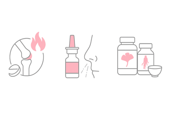 市販薬(NSAIDs・鼻づまり薬)とサプリ・漢方の飲み合わせの注意点イラスト(女性向け)