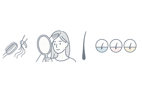 女性の薄毛セルフチェックのポイント|抜け毛・分け目・髪質・頭皮状態のアイコン図