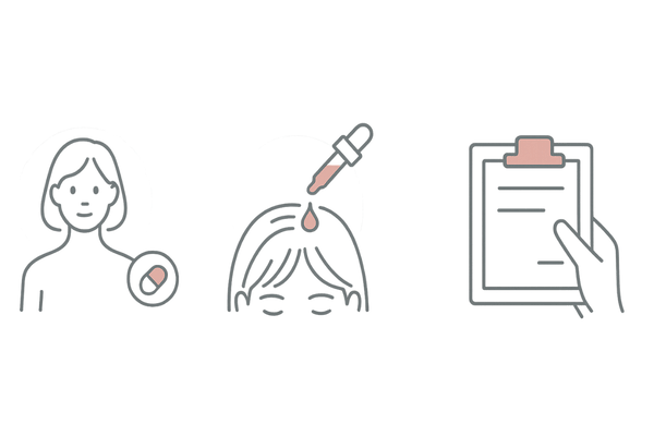 女性の薄毛治療｜ミノキシジル内服薬と外用薬の違い（作用範囲イメージ）