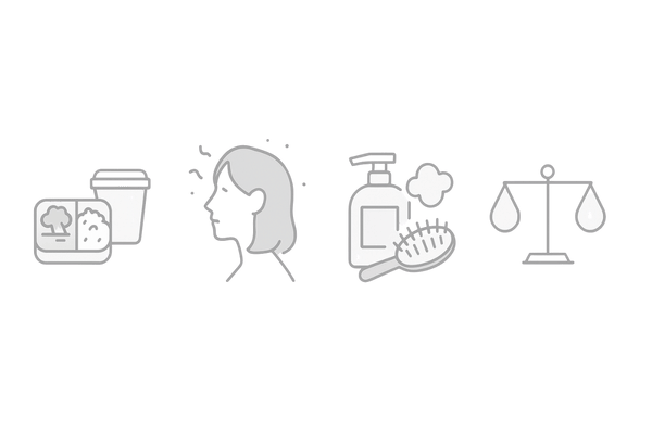 大学生女性のつむじ薄毛を招く主な原因4つ(食生活・ストレス・誤ったヘアケア・ホルモンバランス)アイコン図