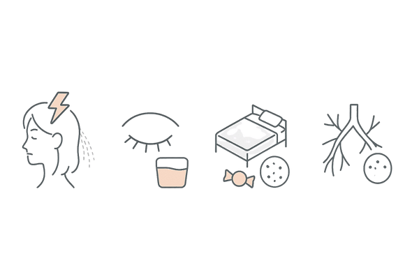 PMSが髪に与える複合的影響アイコン(ストレス・睡眠・食生活・血行)