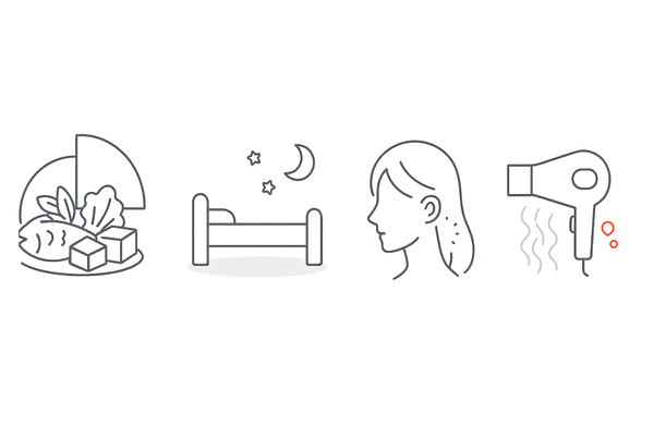 抜け毛を招く生活習慣｜食事・睡眠・ストレス・誤ったヘアケアをミニアイコンで