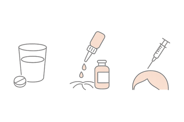 女性の薄毛治療の種類｜内服薬・外用薬・注入治療のイメージ