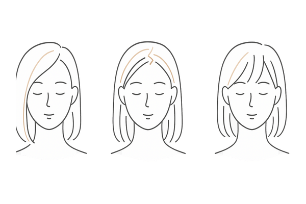 女性の薄毛|分け目をぼかす3つの方法(サイド寄せ・ジグザグ・分け目なし前髪)の図解