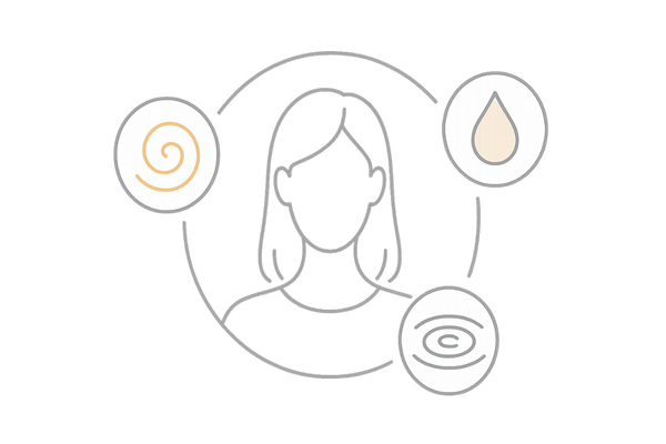 女性の抜け毛と漢方の「気・血・水」バランス図（医療パンフレット風）