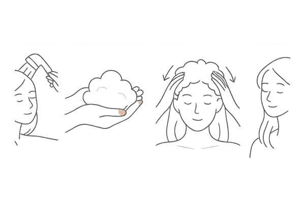 正しい洗髪手順|予洗い→泡立て→指の腹で洗う→すすぎ(女性の薄毛予防)