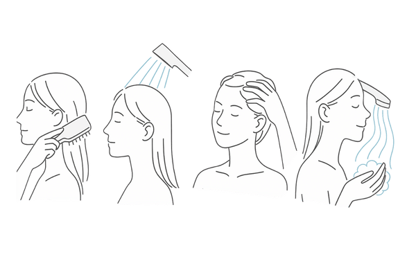 女性の抜け毛予防｜正しいシャンプー手順（ブラッシング・予洗い・指の腹洗い・徹底すすぎ）