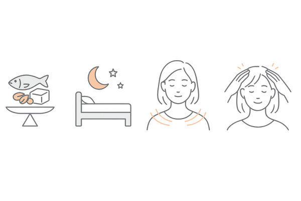 女性の抜け毛予防セルフケア｜栄養・睡眠・ストレス対策・頭皮マッサージの4カラム線画