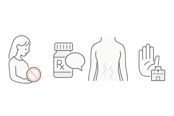 女性がノコギリヤシを使用する際の注意点アイコン図(妊娠・授乳/持病・薬/消化器症状/異変時は中止)