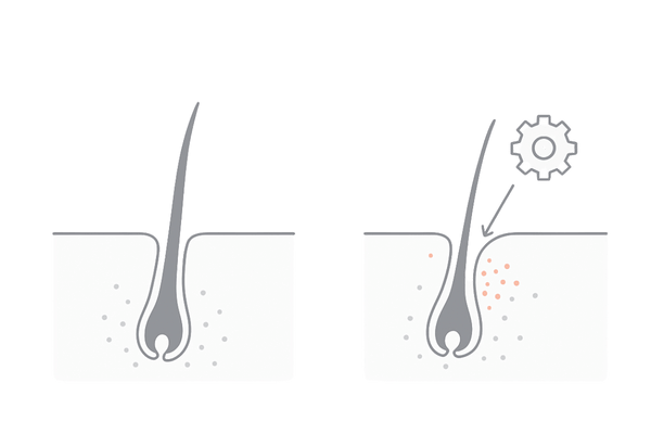 アンドロゲン(DHT)と毛包ミニチュア化:女性の薄毛メカニズムを示す比較図