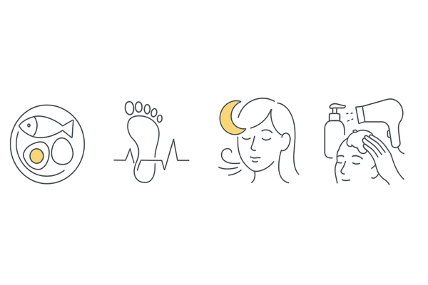 ピル継続中にできる薄毛・抜け毛対策:栄養・血行・ストレス睡眠・頭皮ケアの4アイコン